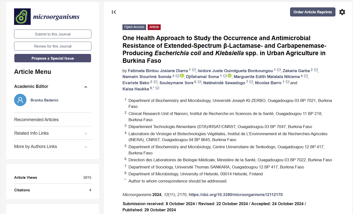 One Health Approach to Study the Occurrence and Antimicrobial Resistance of Extended-Spectrum β-Lactamase- and Carbapenemase-Producing Escherichia coli and Klebsiella spp. in Urban Agriculture in Burkina Faso